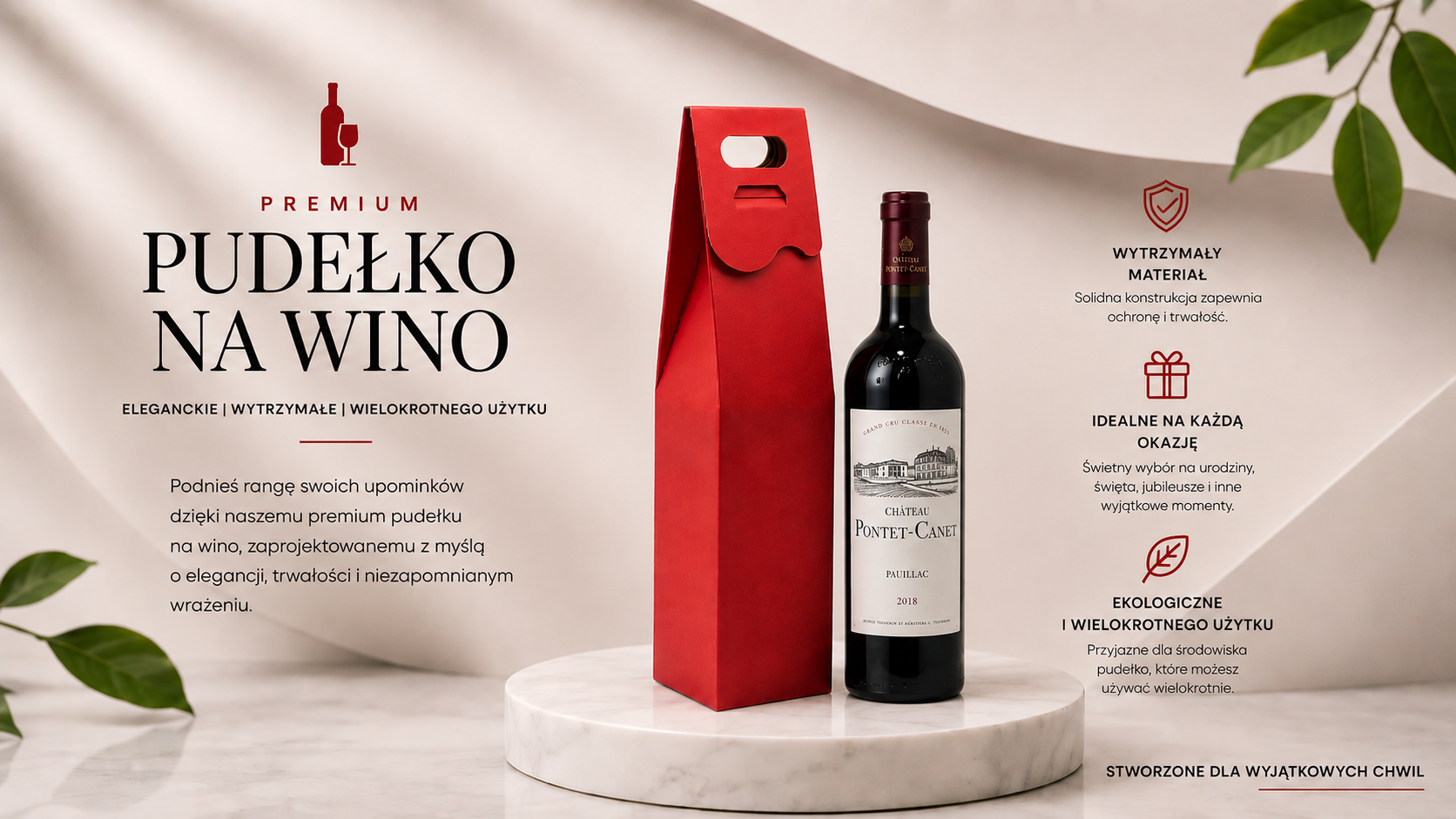 Premium czerwone pudełko na wino z butelką